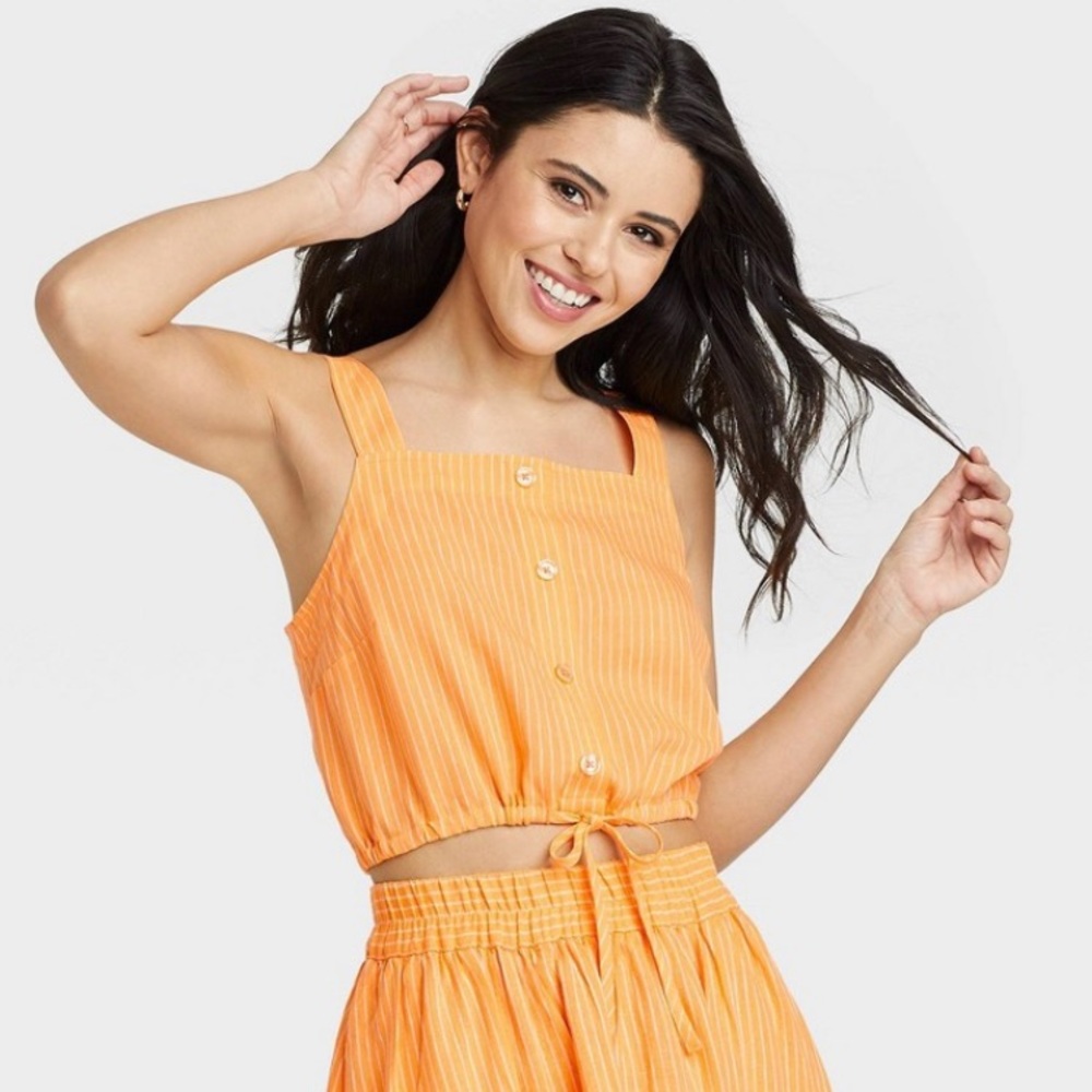 A New Day Tie-Front Stripe Apron Tank Top - Orange White - Boho Fest…